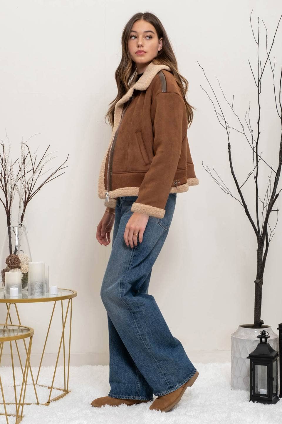 Brown Contrast Faux Shearling Jacket