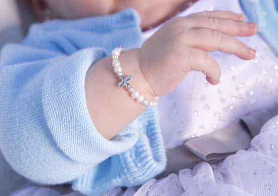 Girls Sterling Silver Pearl Cross Baby Bracelet Baptism Gift 0-12 months adjustable