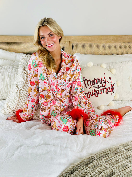 Adult Gingerbread Cookie Silky Pajamas with Feather Trim