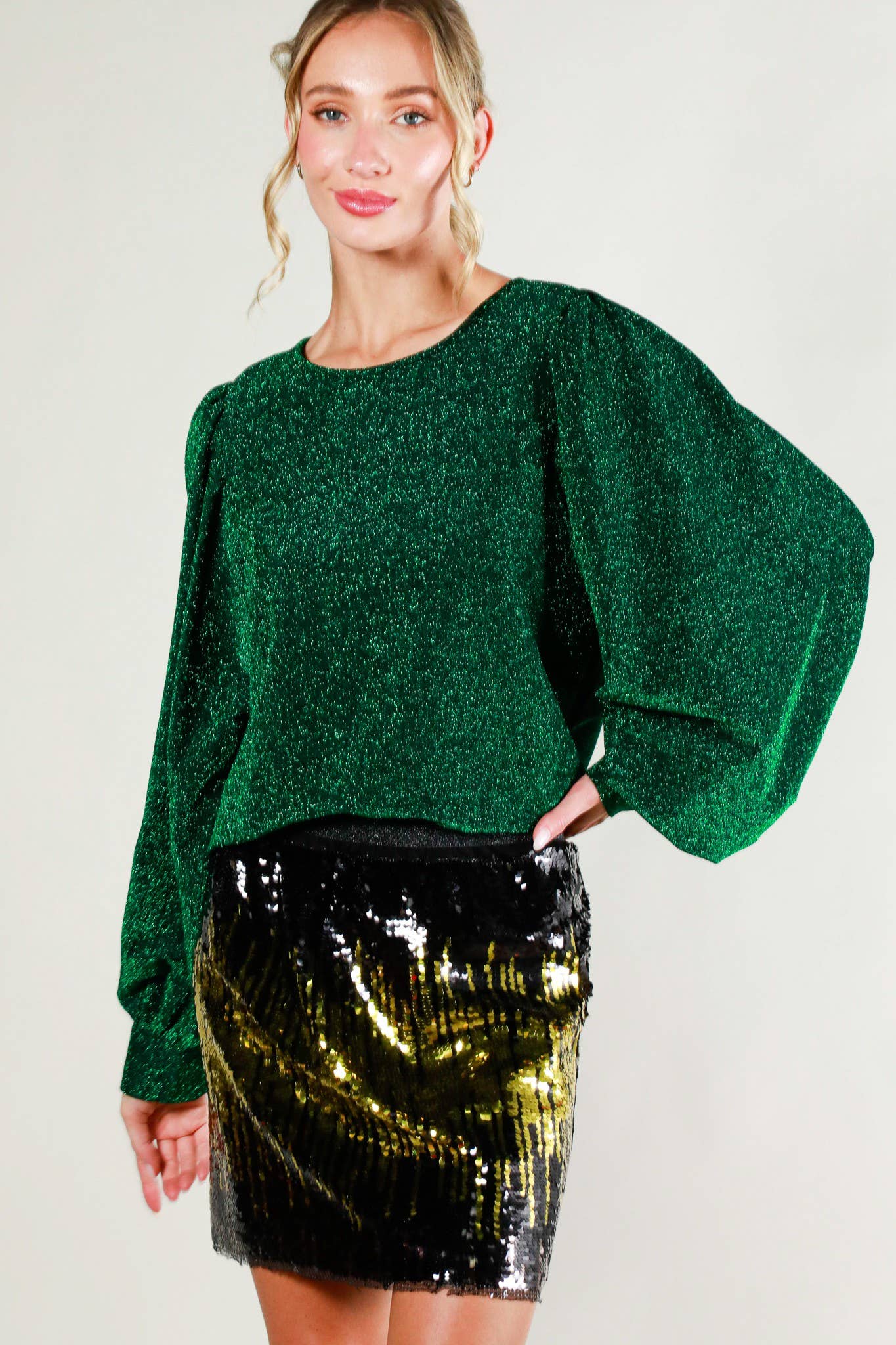 Balloon Long-Sleeve Round Neck Glitter Yarn Knit Top