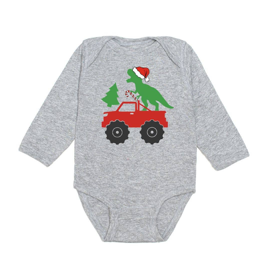 Santa Dino Monster Truck Christmas Long Sleeve Bodysuit