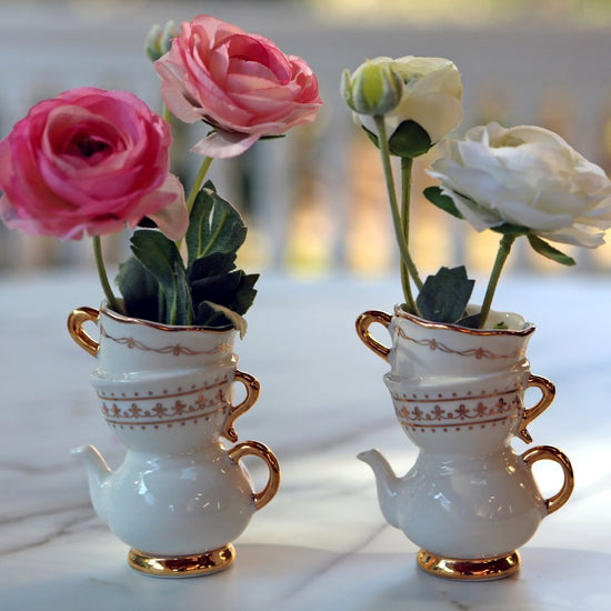 Set/2 Small Tea Time Whimsy Ceramic Bud Vase