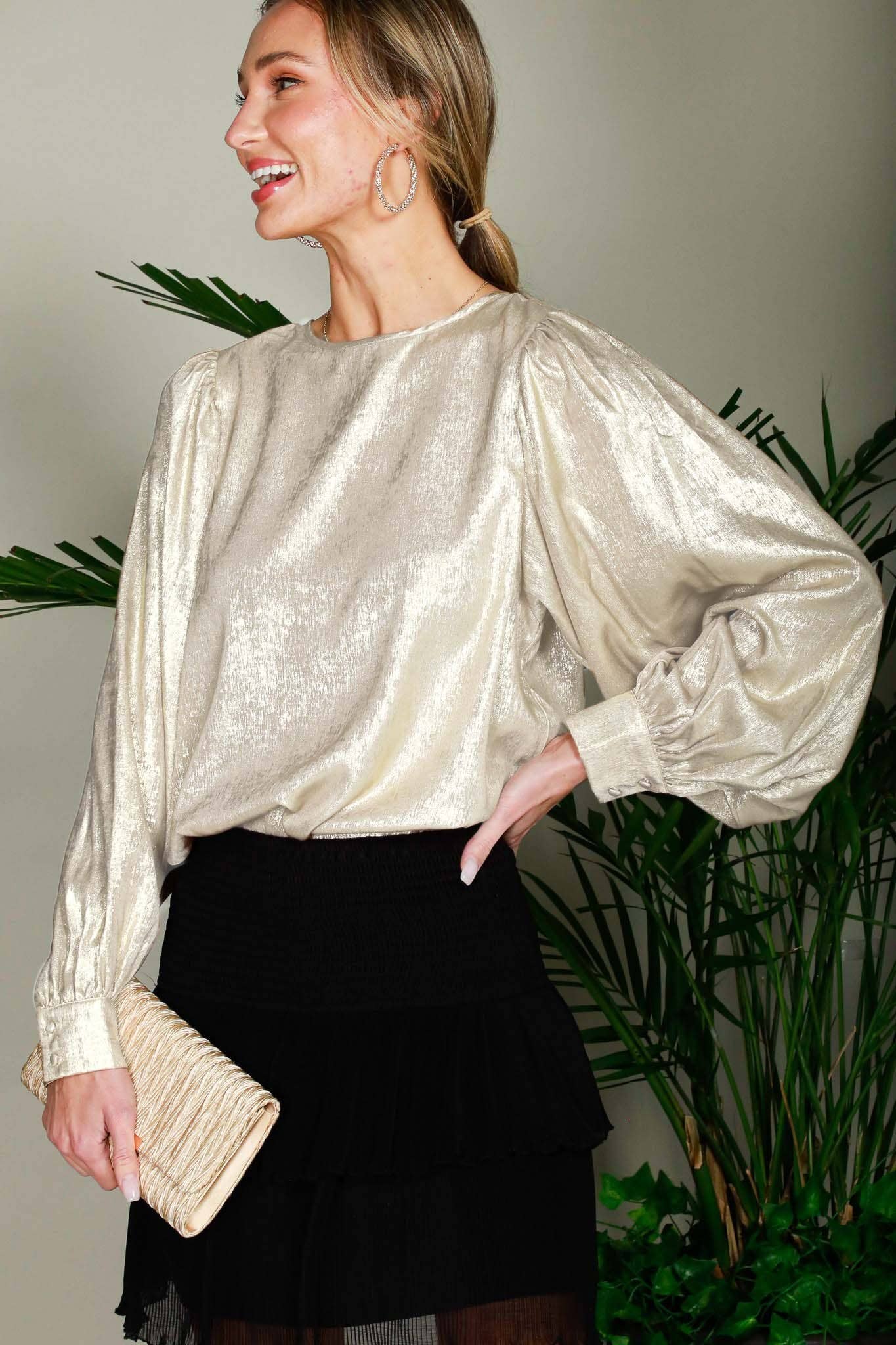 Long Balloon Sleeve Round Neck Metallic Woven Blouse