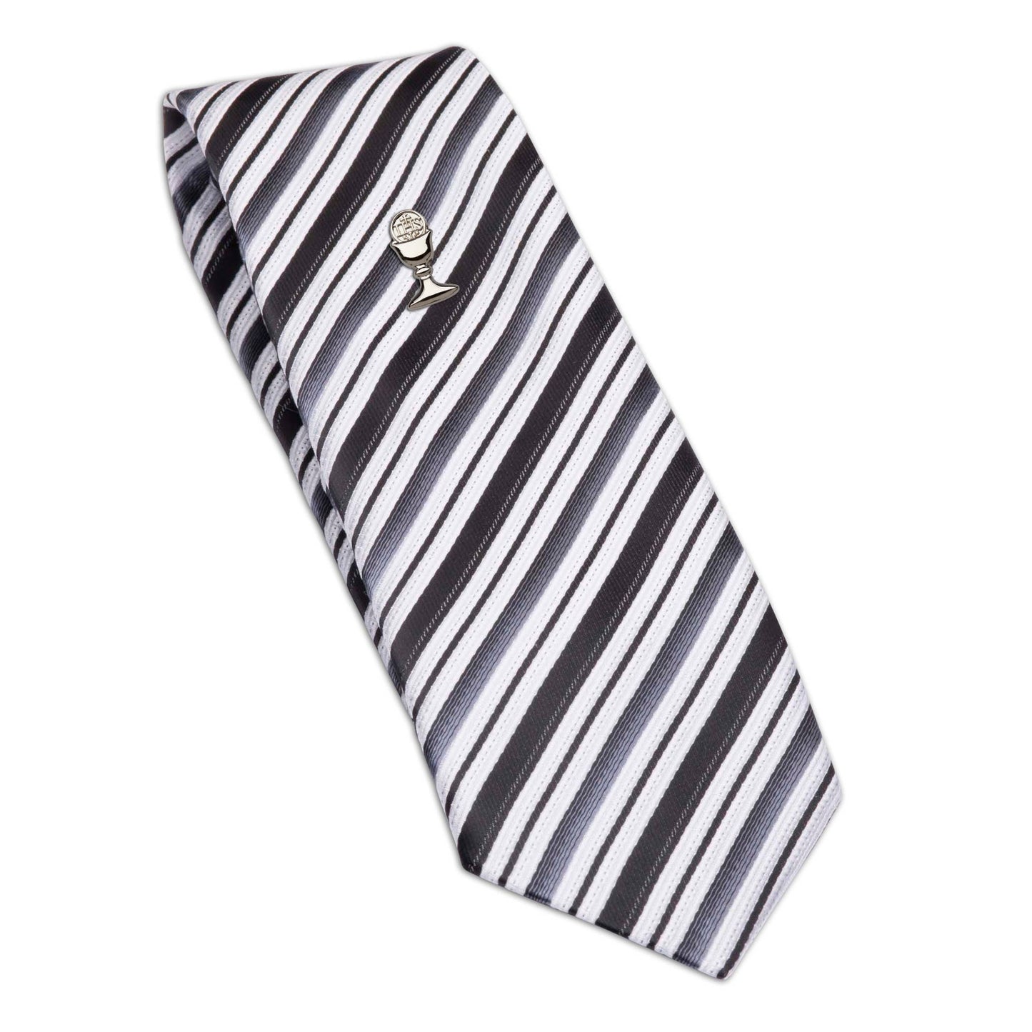 Black Stripe / Silver-tone Boy's First Communion Tie and Chalice Pin Set