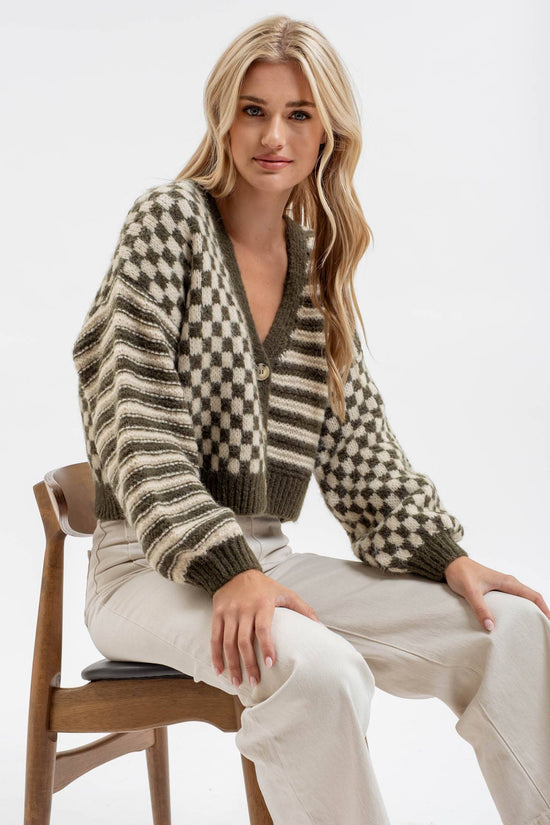 Stripe & Checkered Olive Button Up Cardigan