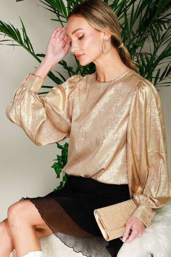 Long Balloon Sleeve Round Neck Metallic Woven Blouse