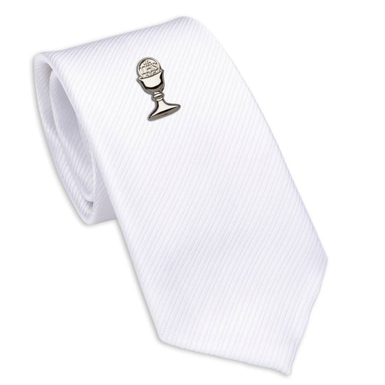 White Tone on tone Pinstripe / Silver-tone Boy's First Communion Tie and Chalice Pin Set