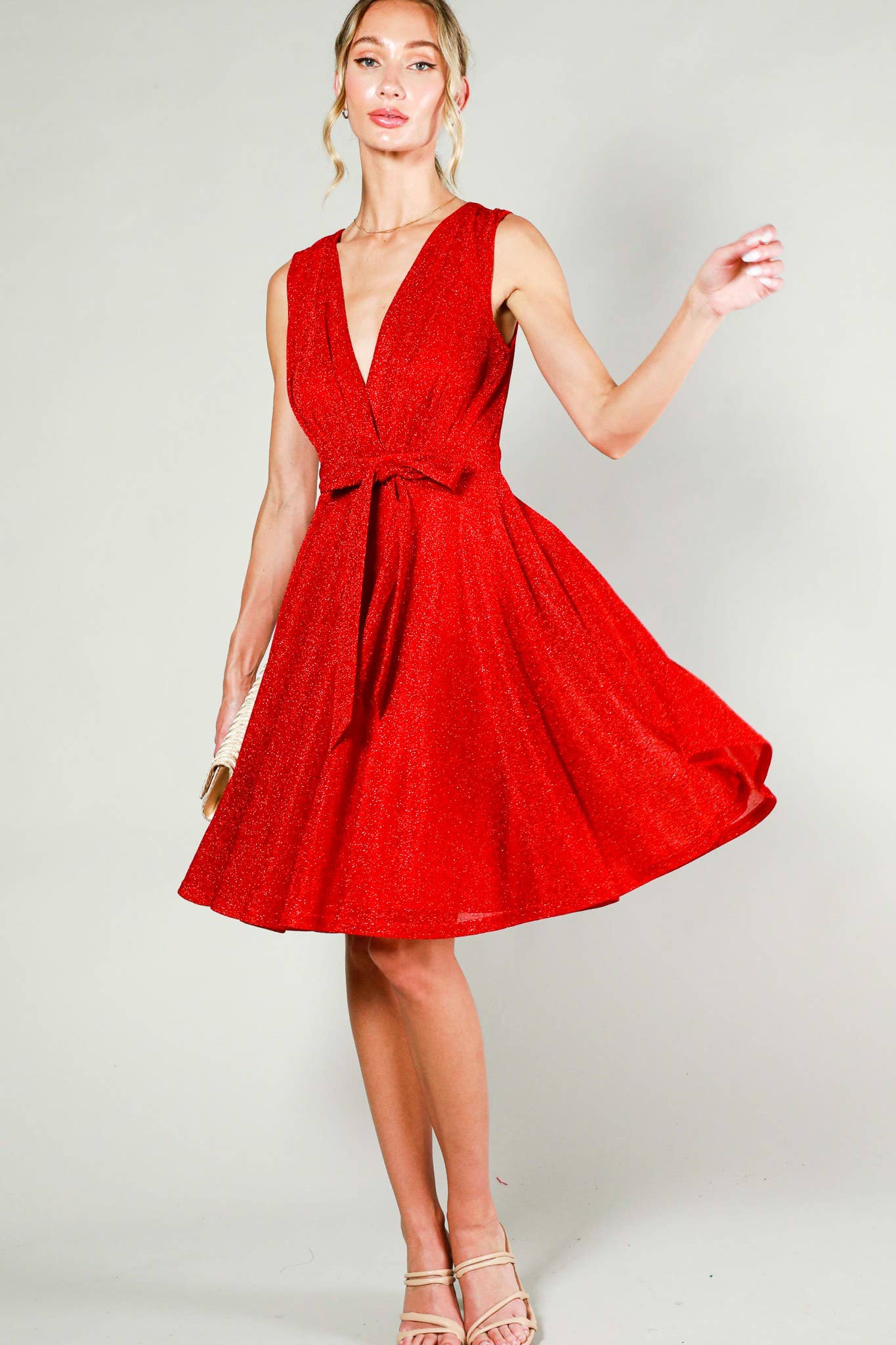 Surplice V-neck Sleeveless Tie Waist Dress: Red