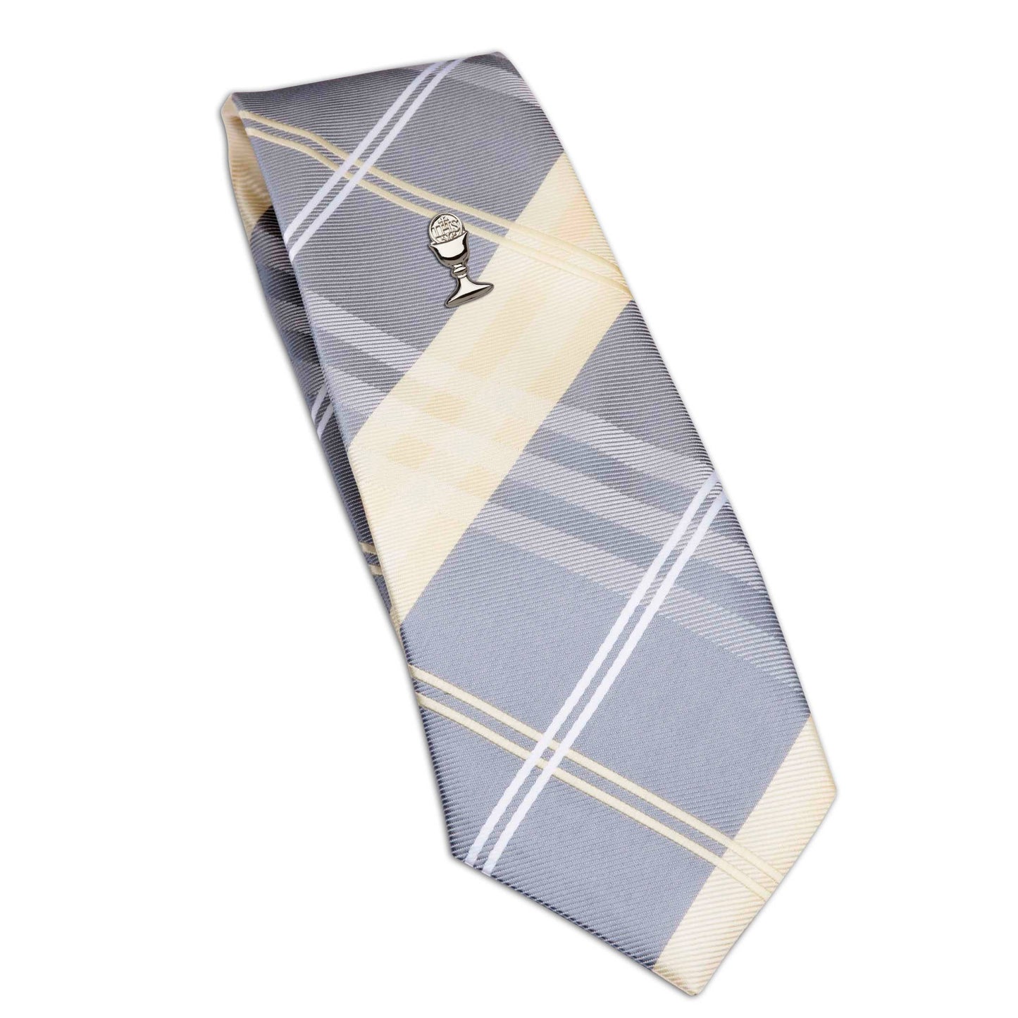 Yellow Plaid / Silver-tone Boy's First Communion Tie and Chalice Pin Set