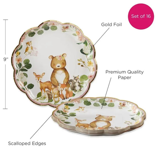 Critter Family Woodland Baby 9" Premium Paper Plates Pink (Set of 16)