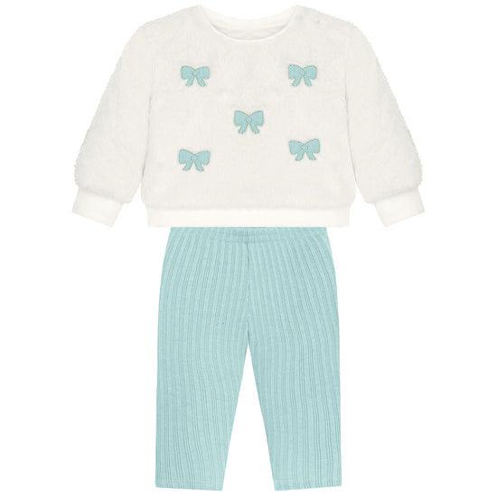 Ivory Fur Bow Pullover/Aqua Legging Set