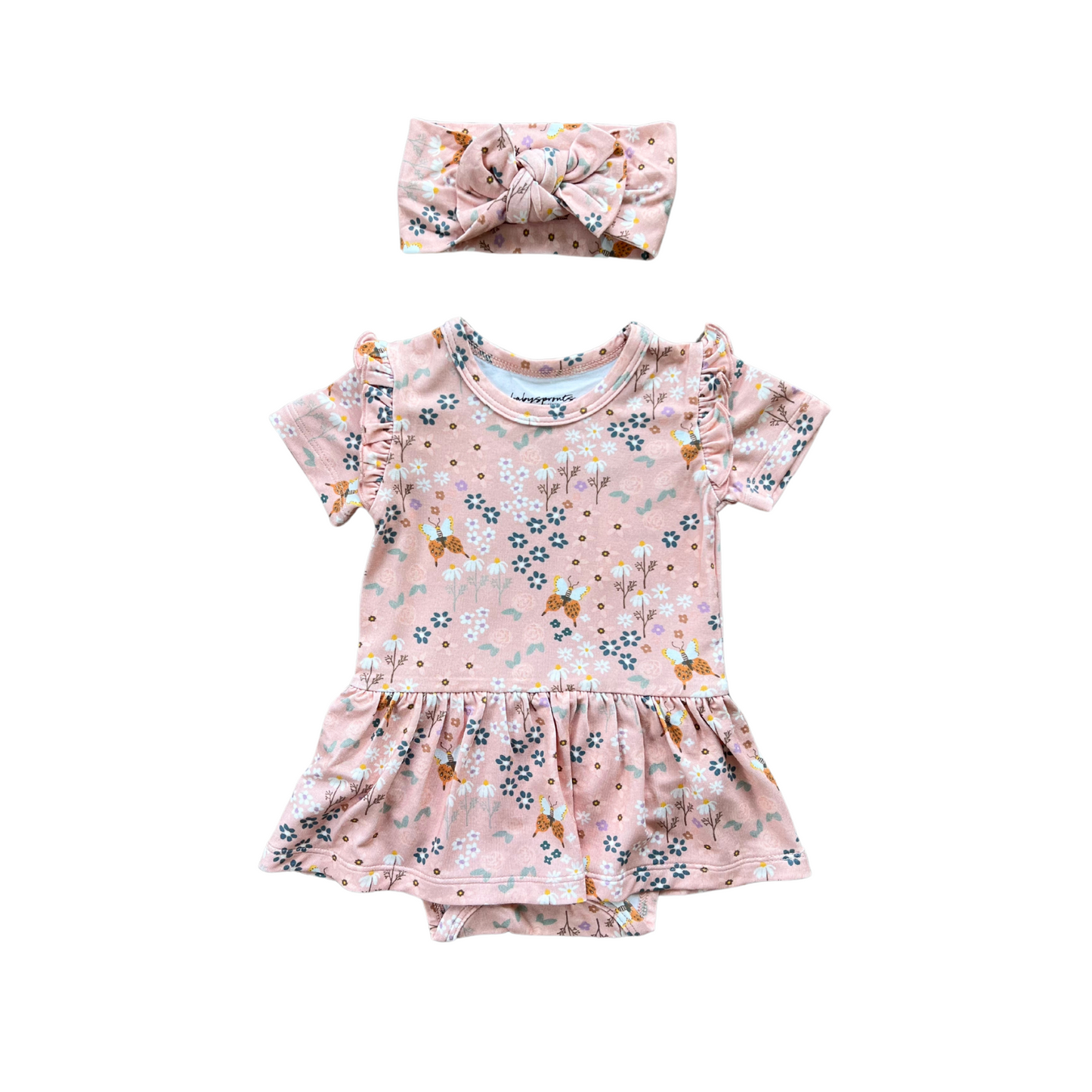 Pink Spring Garden Bodysuit Dress with Matching Bow