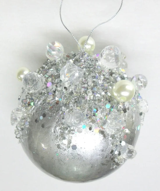 3.5" Silver Ornate Jeweled Ball Ornament