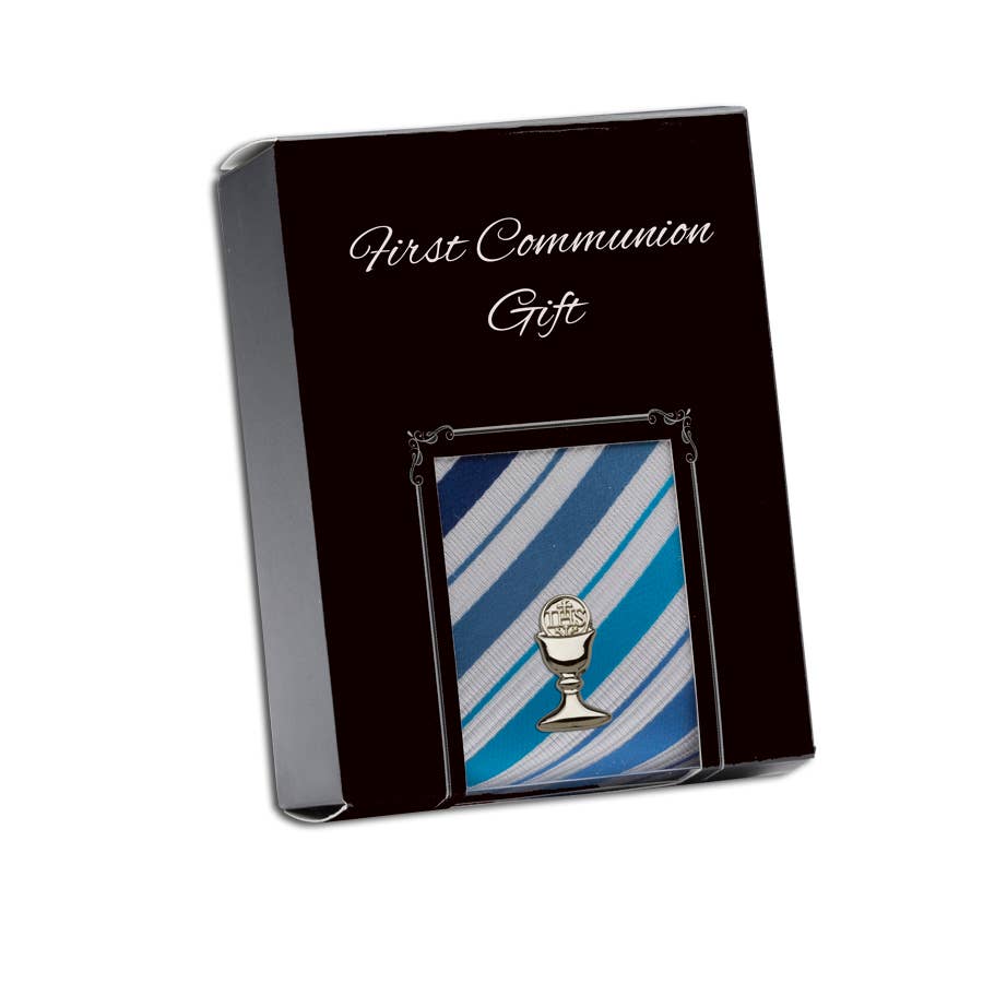 Aqua Plaid / Silver-tone Boy's First Communion Tie and Chalice Pin Set