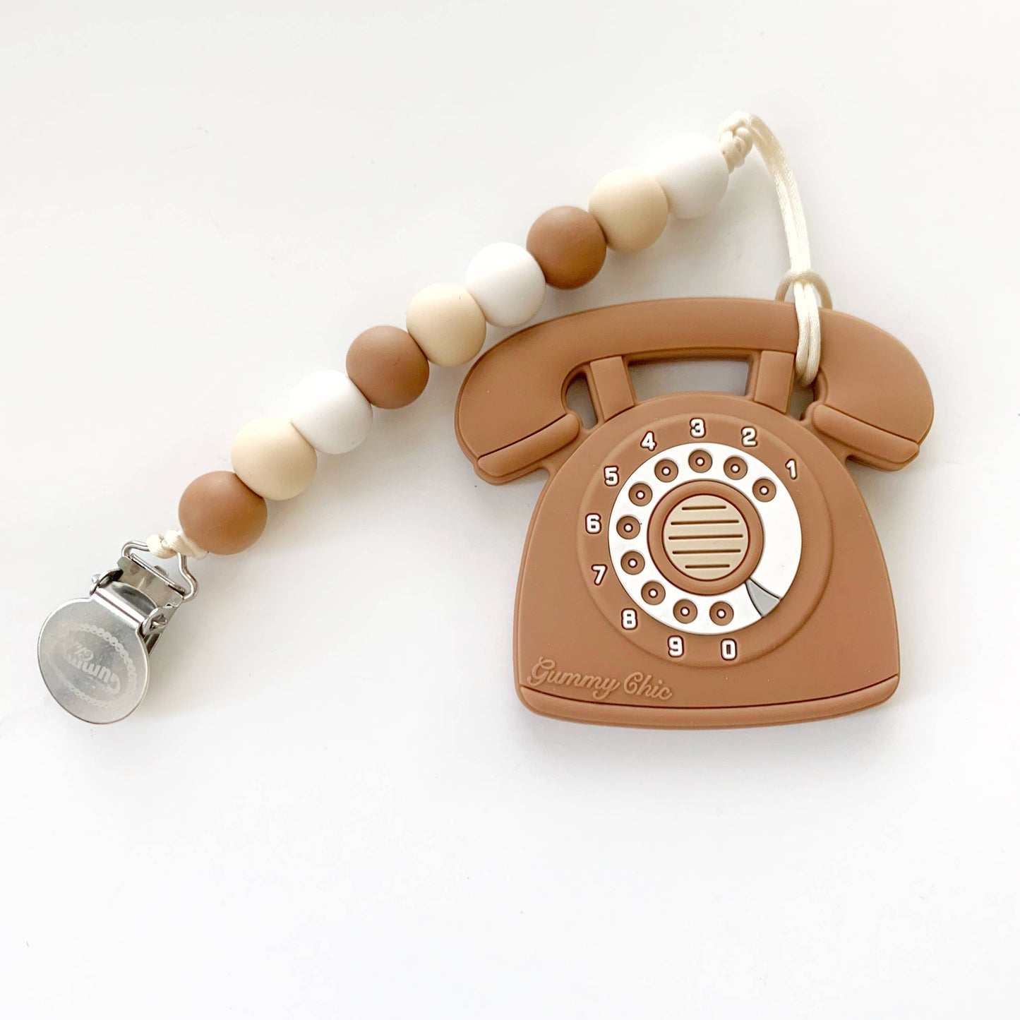 Rotary Dial Phone Teether with Clip - Camel