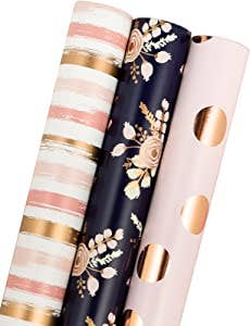 Wrapping Paper Roll Pink Polka Dots, Stripe & Navy Floral