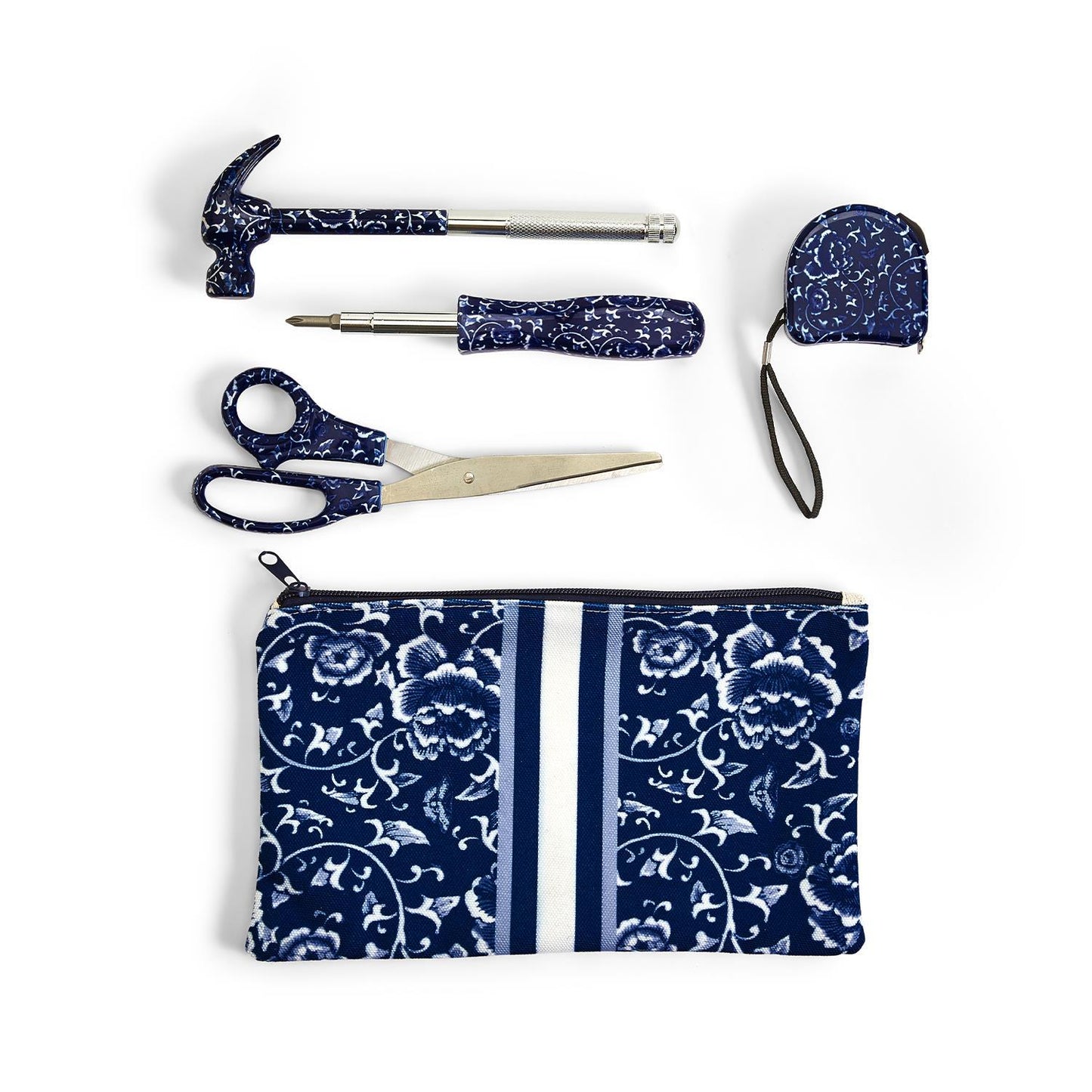 Chinoiserie Floral Pattern Tool Set in Storage Pouch Includes: Scissor, 10 ft Tape Measure, Four-In-One Screwdriver, Hammer with Screwdriver - Iron/Polyester