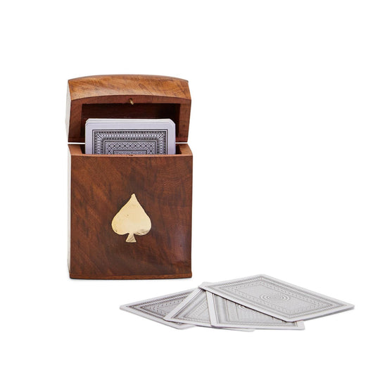 Playing Card Set in Hand-Crafted Wooden Box (includes 52 cards and 2 jokers) - Acacia Wood/Brass/Paper