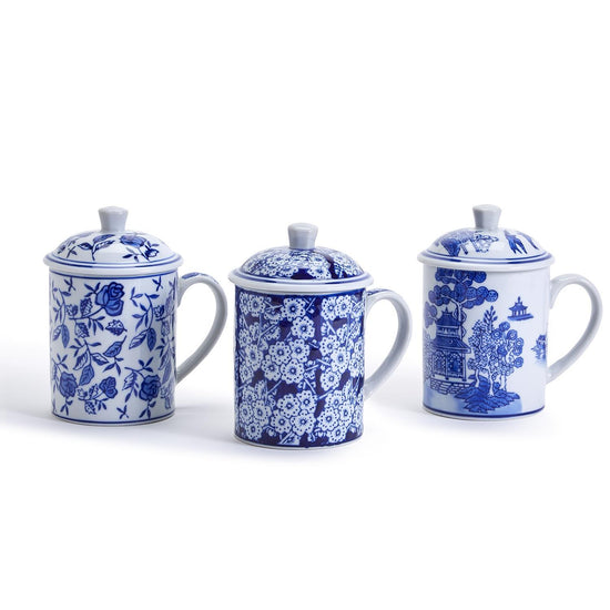 Chinoiserie Mug with Lid (14 oz., microwave and dishwasher safe) - Hand-Painted Porcelain