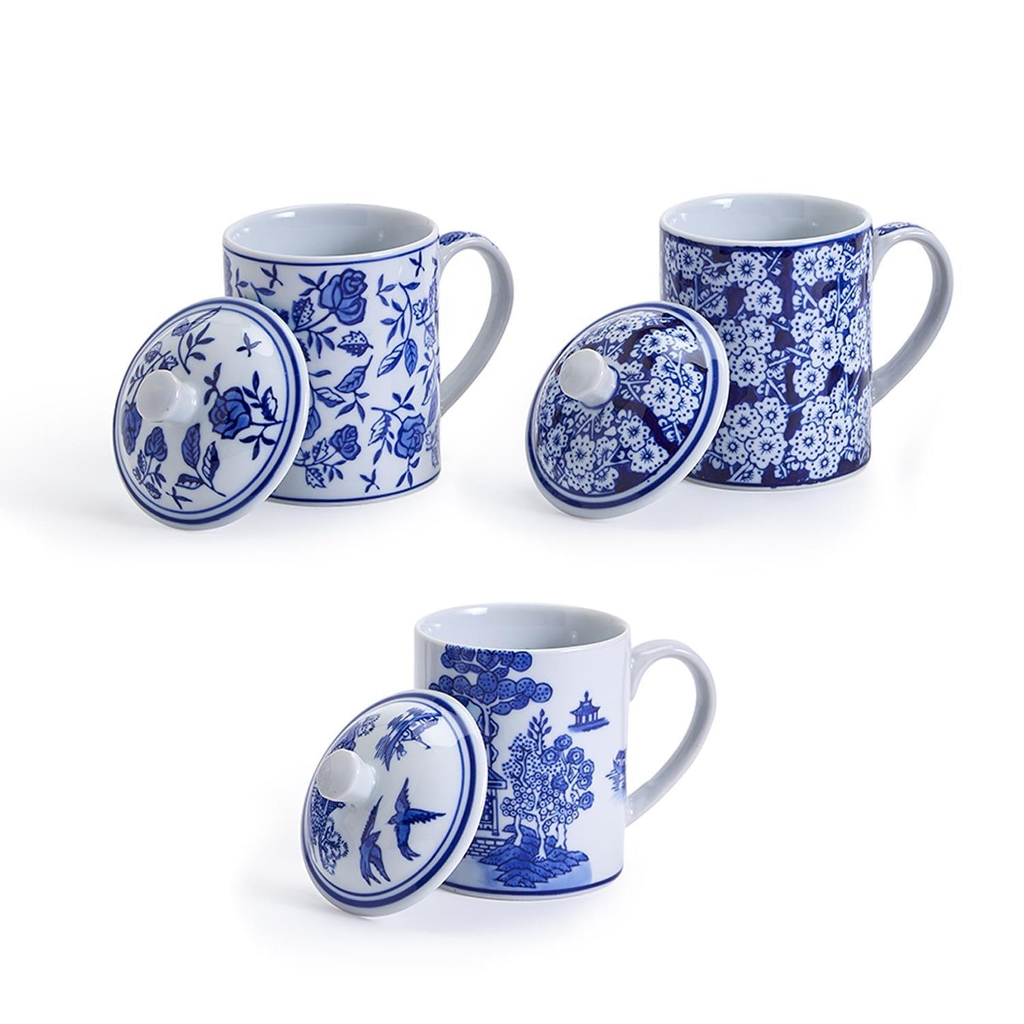 Chinoiserie Mug with Lid (14 oz., microwave and dishwasher safe) - Hand-Painted Porcelain