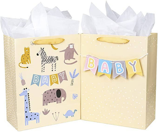 2 Pack Lg Gift Bags with Tissue Paper for Baby Shower