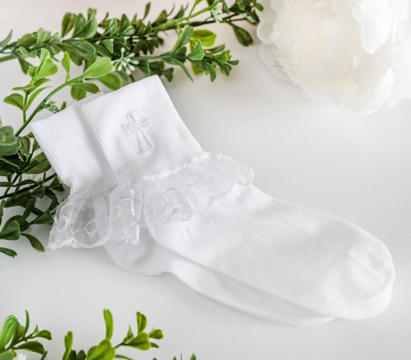 White Girl's Lace First Communion Socks with Cross