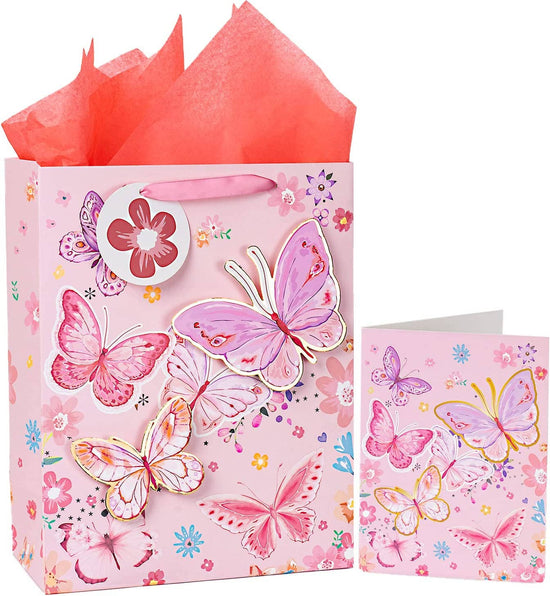 13" Large Gift Bag Set - Pink Butterfly