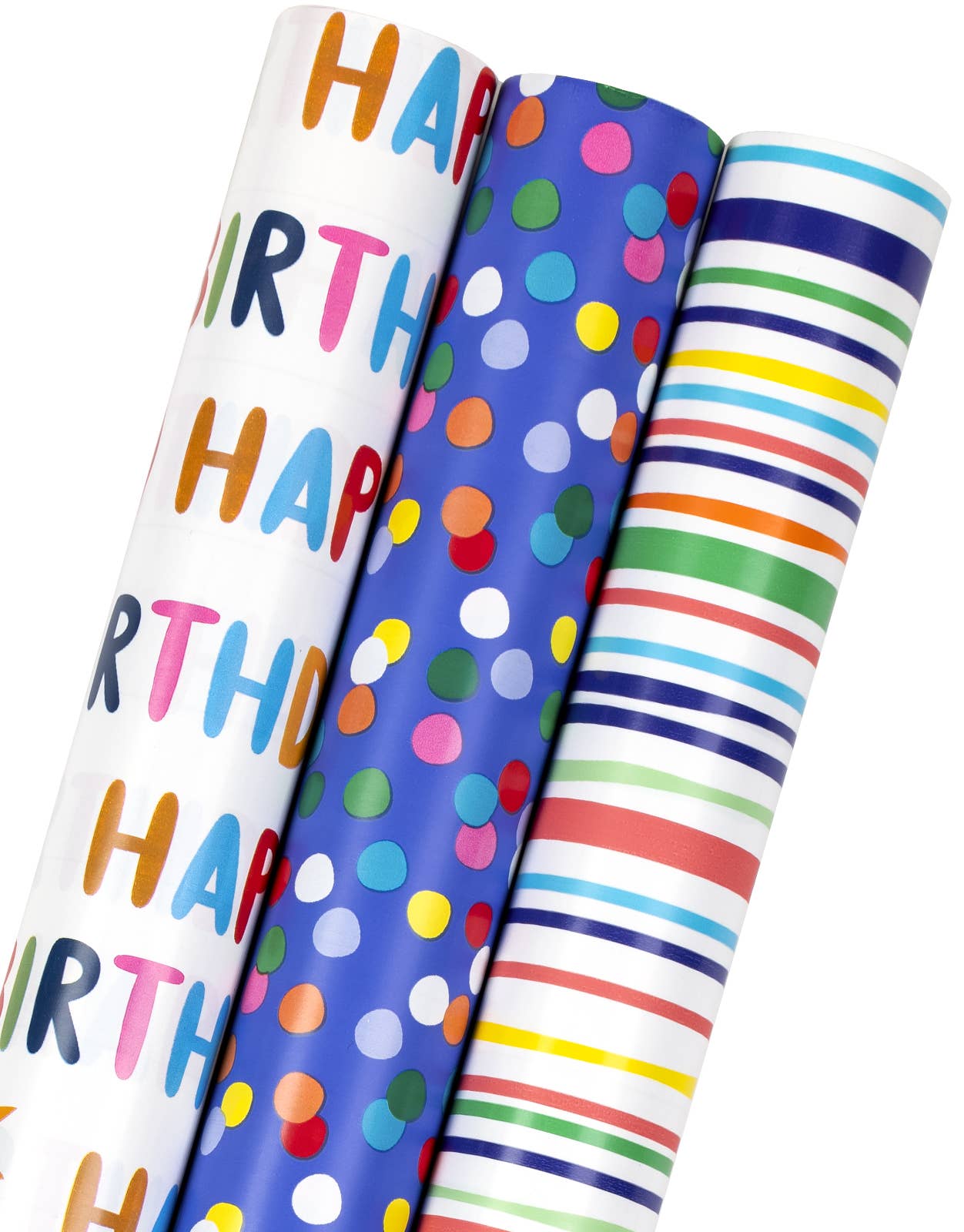 Birthday Wrapping Paper Set of 3 Rolls - Polka dots, Stripes, Happy Birthday