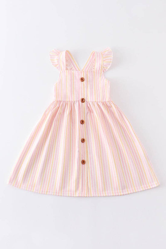 Pink stripe flutter trim buttons girl dress