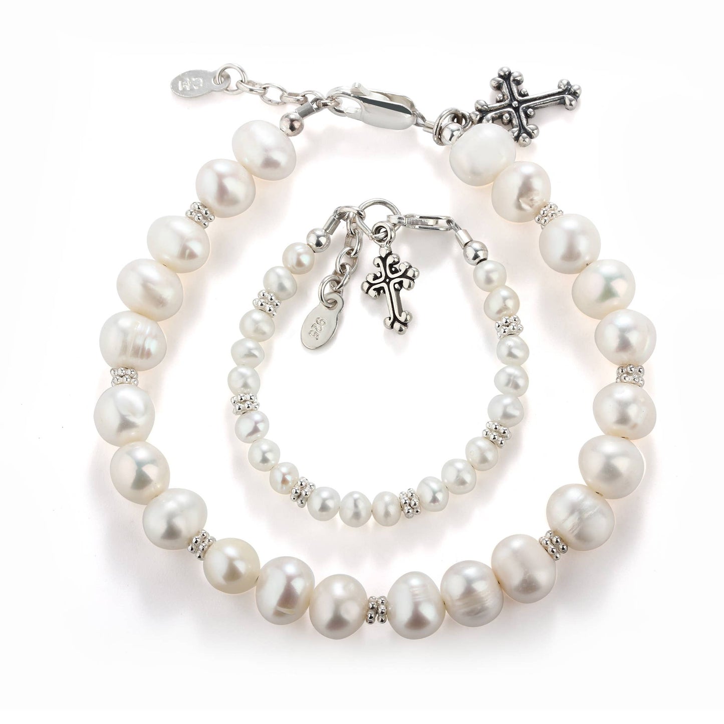 Mommy and Me 2-Piece Pearl Cross Bracelet Baby Baptism Gift: SM (0-12 month)