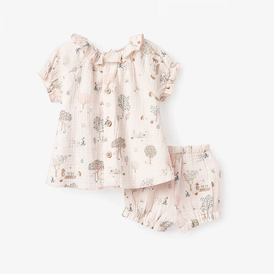 Garden Picnic Organic Muslin Ruffle Collar Top & Bloomer Set