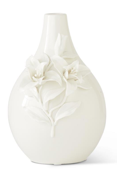 10.5" White Ceramic Bottle Neck Vase w/ Raised Lily Flowers