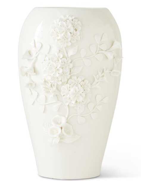 14" White Ceramic Vase w/ Raised Dianthus Flowers