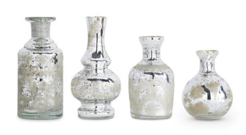 Tall Bottleneck Silver Mercury Glass Etched Bud Vase