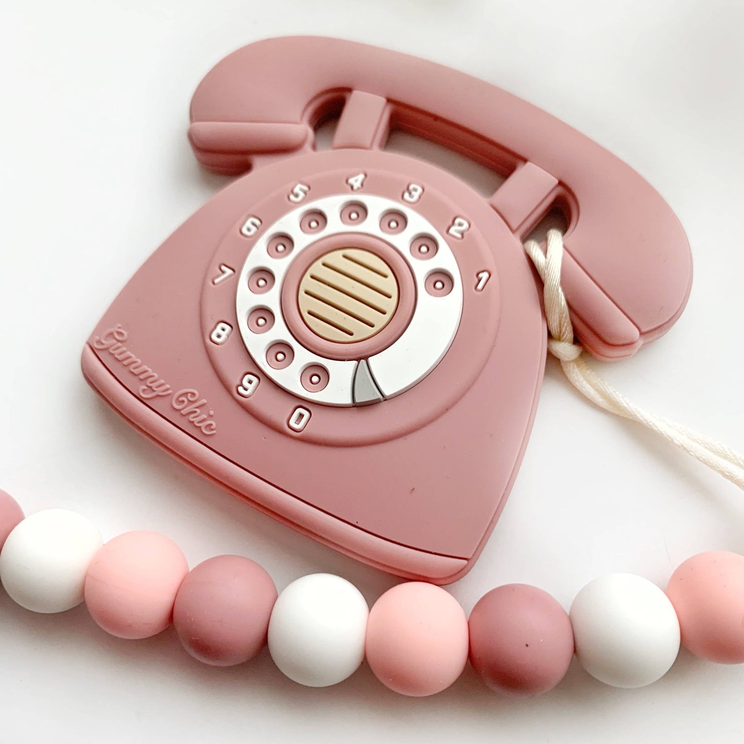 Rotary Dial Phone Silicone Teether with Clip - Rose