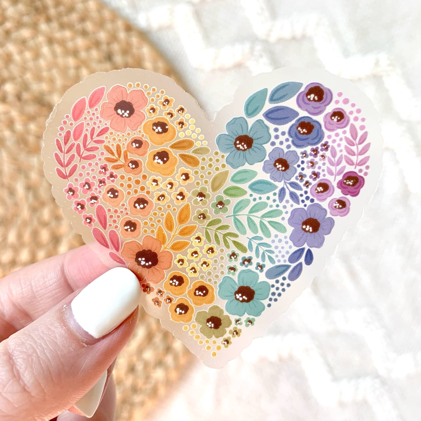 Clear Pride Rainbow Floral Heart Sticker 2.75x3in