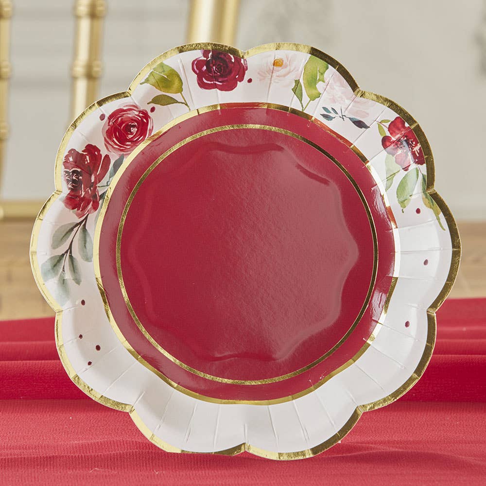 Burgundy Blush Floral 7 in. Premium Paper Plates (Set of 16)