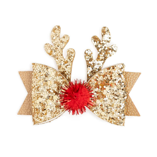 Gold Reindeer Christmas Bow Clip - Kids Holiday Hair Clip
