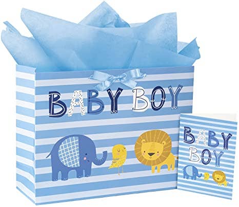 Baby Boy Gift Bag with Tissue Paper and Greeting Card