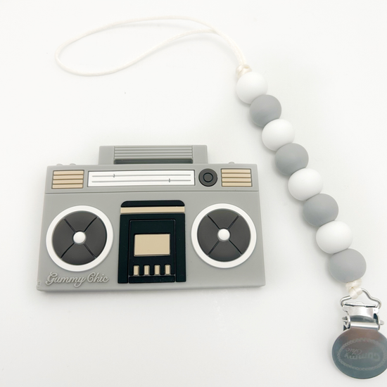 Silicone Boom Box Teether with Clip - Grey