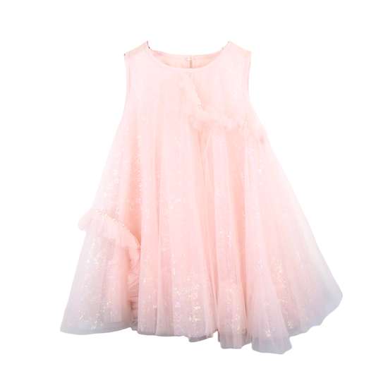 Iridescent Pink Whimsical Tulle Dress with Pearl Accents