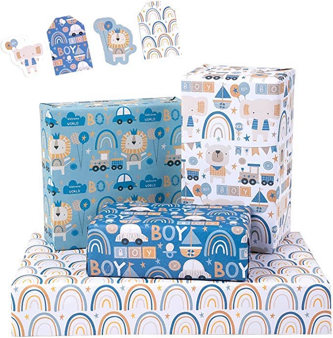 Wrapping Paper Sheet for Boys Birthday with Gift Tags